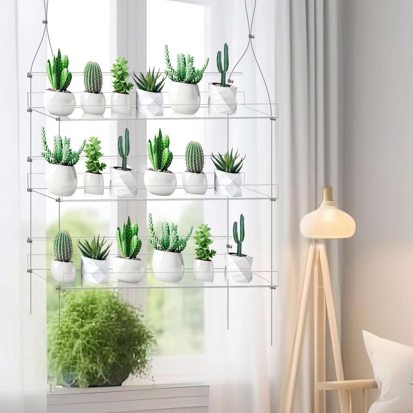Ziliny 2 Pcs 28 Inch 3-tier Clear Hanging Window Plant Shelves Acrylic Height Adjustable Plant Stand Hanger Flower Pot Organizer Storage for Indoor Window Wall Garden Grow Herb Succulent