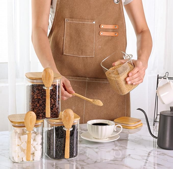 ComSaf 0.8 Qt Glass Jars with Bamboo Lids & Spoons Set of 4, Square Glass