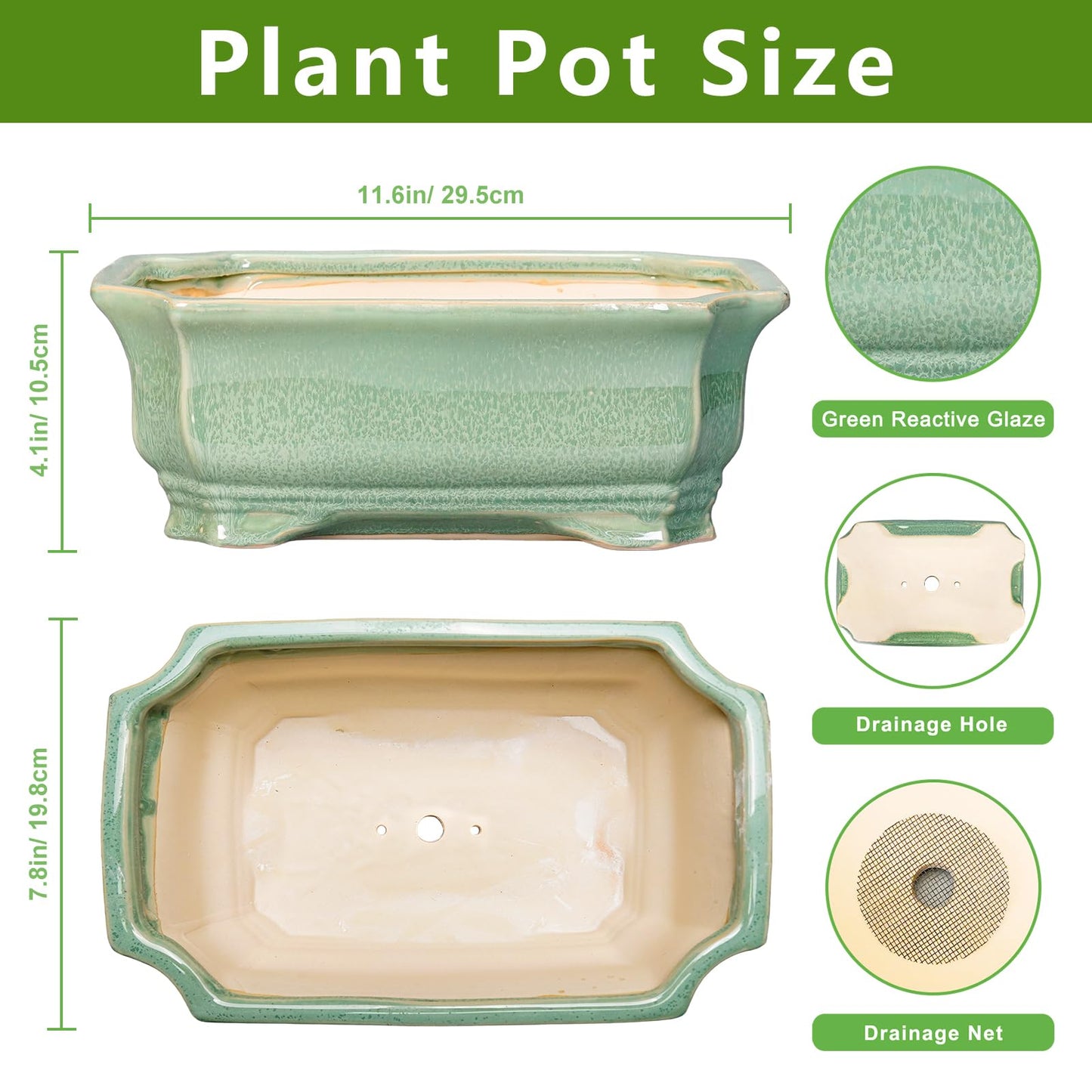 Teagas Bonsai Tree Pot 11.6 Inch - Ceramic Succulent Pots, Bonsai Planter for Indoor Outdoor, Decorative Plant Pot with Drainage Hole, Rectangular Flower Pot, Home Garden Decor, Garden Gifts, Green