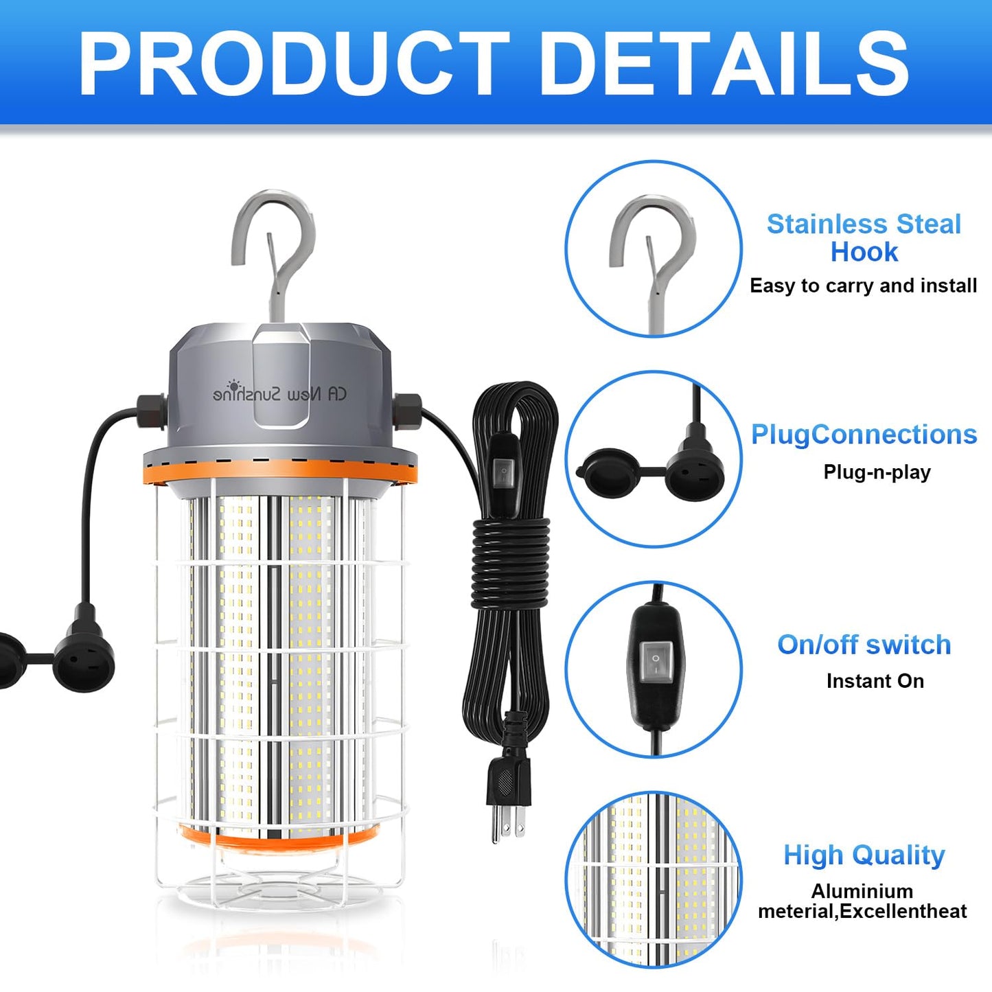 400W LED Temporary Work Light，56000Lumens 5000K Daylight White ON/Off Switch & Hook, IP65 Dust & Waterproof,Portable Hanging Construction Site Light for Jobsite, Warehouse, Workshop, Outdoor Projects