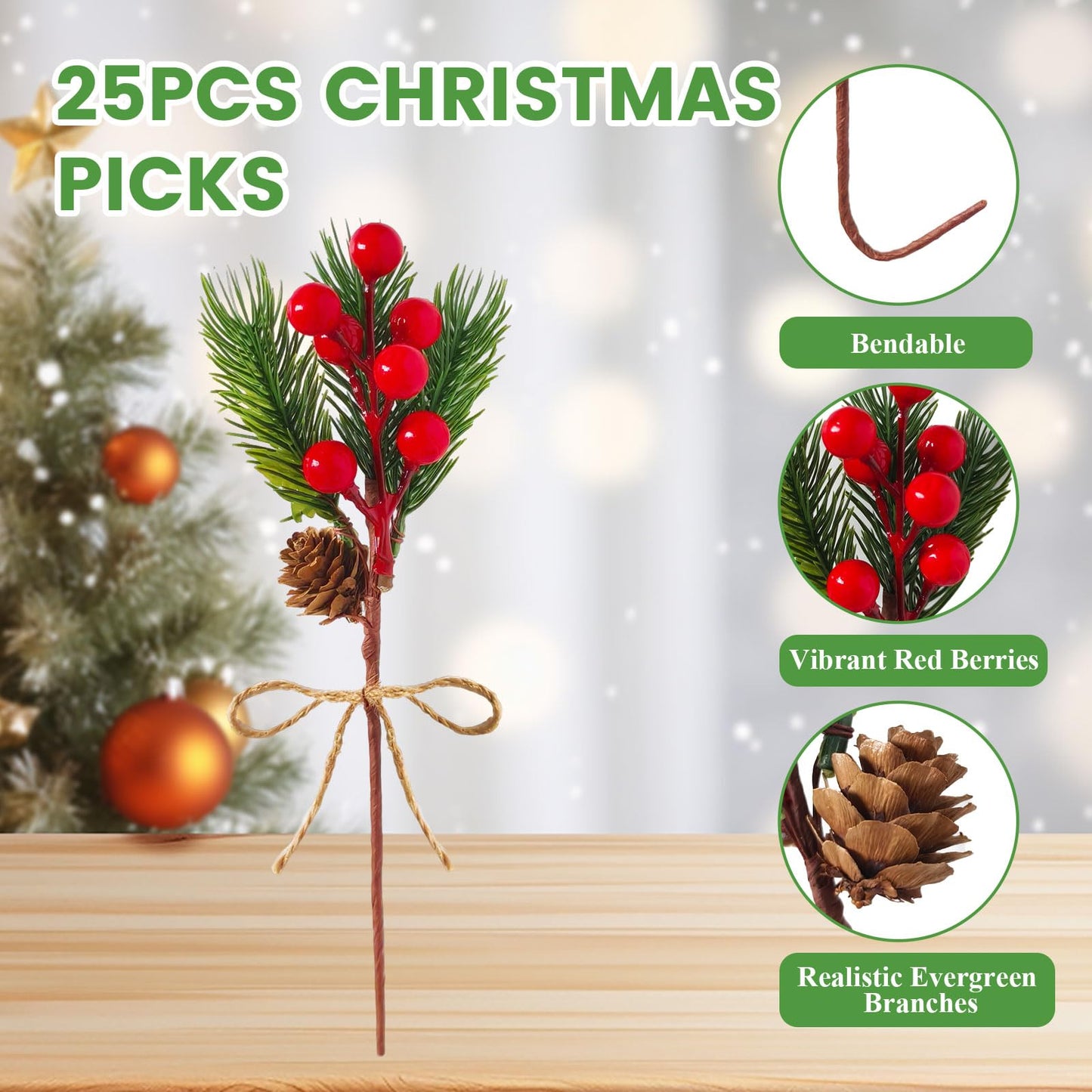 JOINCCI 25PCS Christmas Floral Picks - Artificial Greenery Stems with Pine Cones & Red Berries for DIY Xmas Wreaths, Garlands, Tree Decor, Holiday Centerpiece and Home Decor (8.66 Inch)