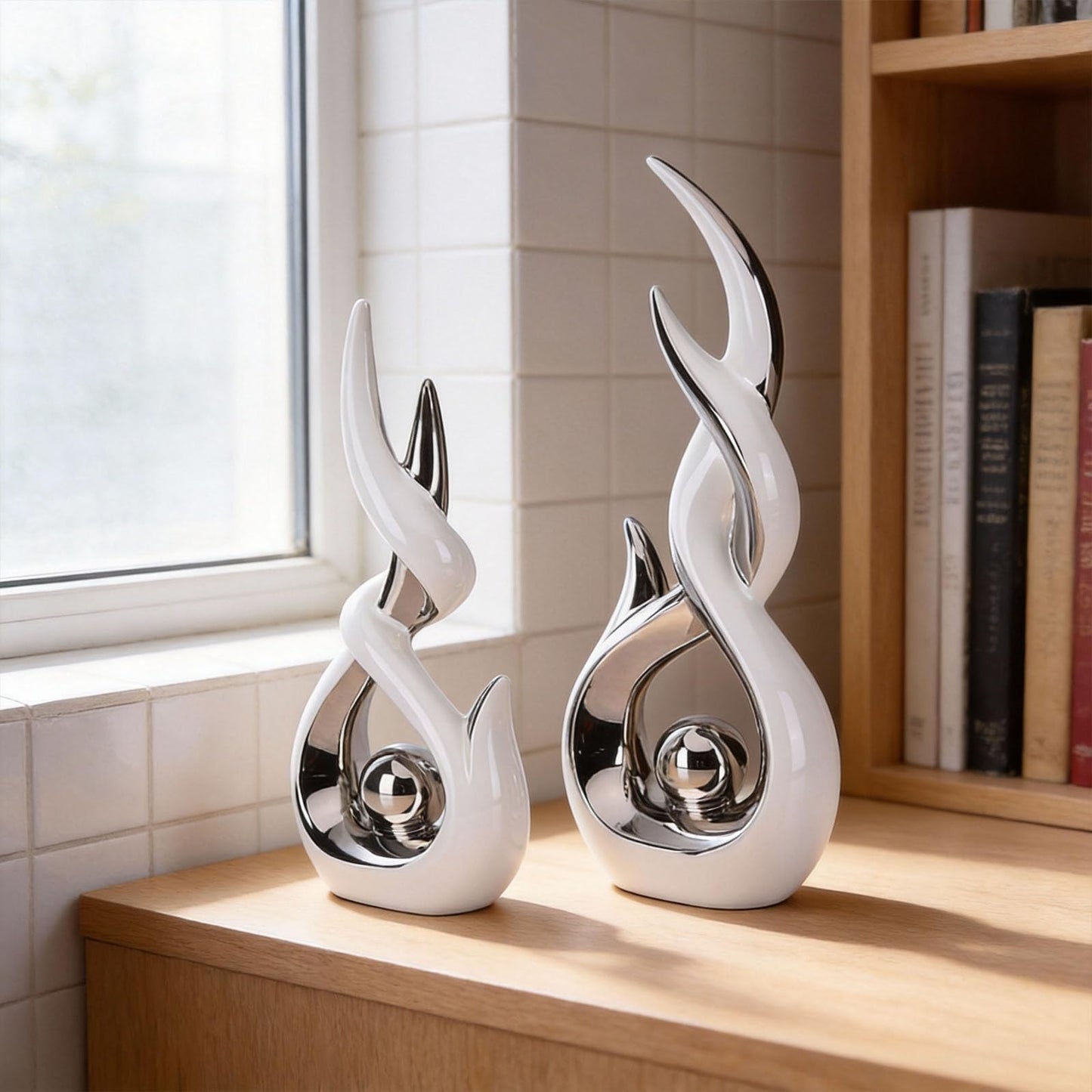 LCCCK White and Silver Abstract Ceramic Sculpture Set of 2 Modern Electroplated Figurines Decorative Statues for Living Room Shelf Mantel Tabletop Home Decor Housewarming Gift