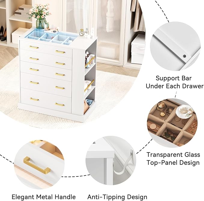 Drawer Dresser with LED Lights and Open Shelves, Modern Tall Chest of Drawers