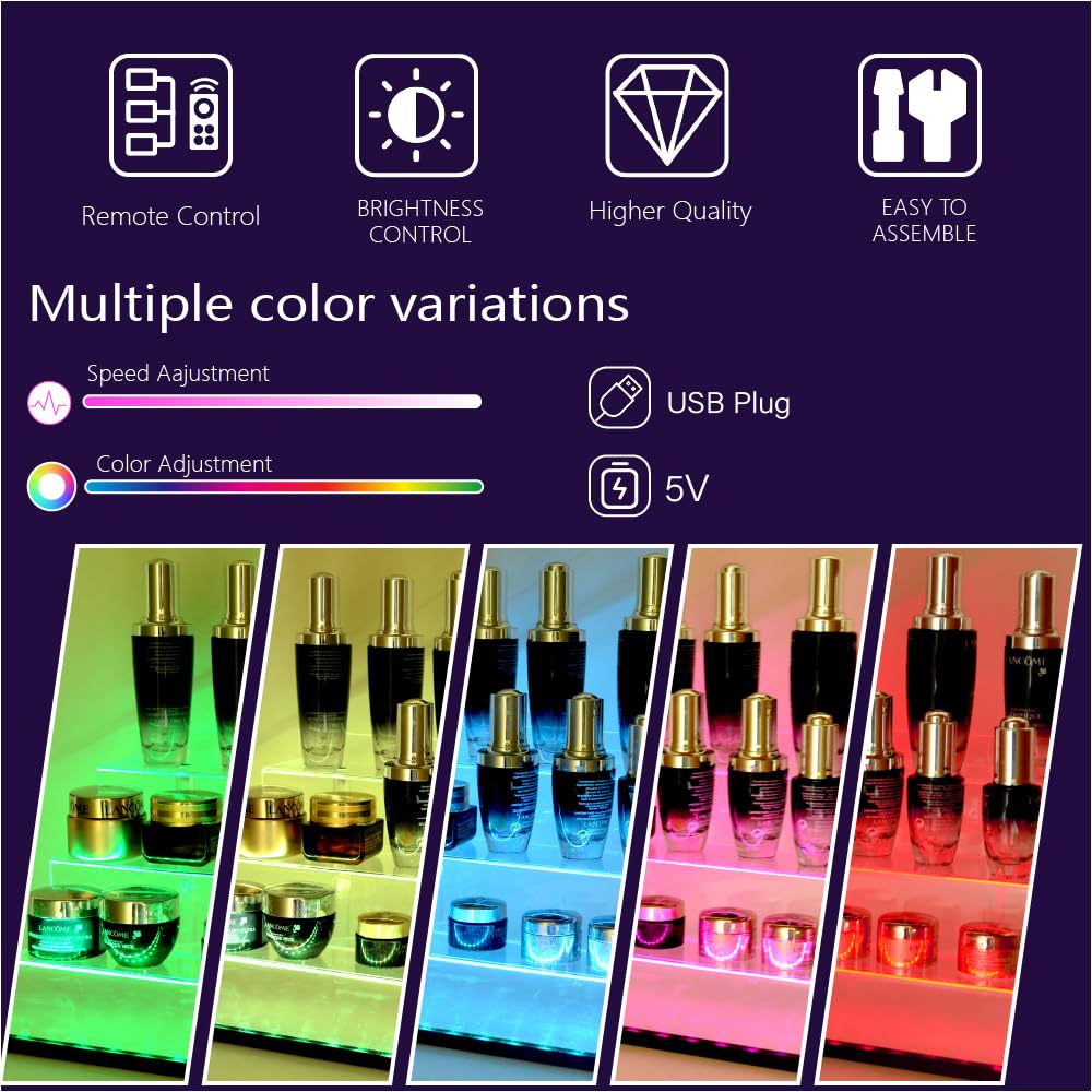 YMVV 15.7 IN Clear Acrylic Display Riser Shelf with LED light,3 Tier Display Step Shelves Holder, Perfume Cologne Organizer Holder,Pops Toys Figures, Clear Cupcake Riser, Dessert Shelf, Decoration on