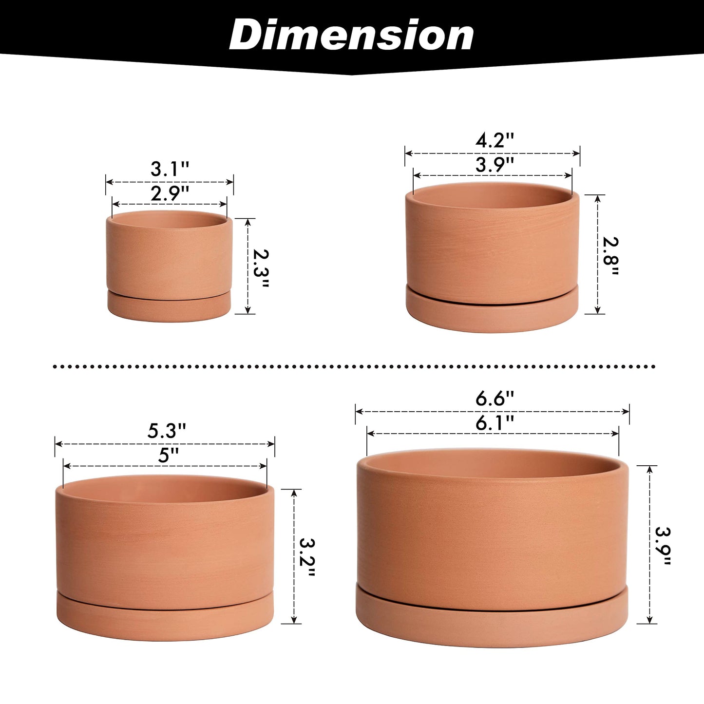 D'vine Dev Set of 4 Terracotta Shallow Planter Pots for Succulent, 3 Inch 4 Inch 5 Inch 6 Inch, Small Flower Plant Pots with Drainage and Saucer, 40-Z-0
