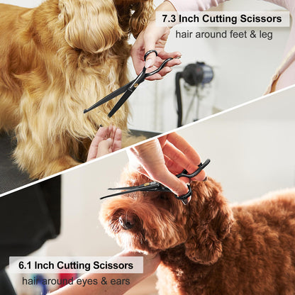 CIICII Dog Grooming Scissors Kit, 10-in-1 Professional Pet Grooming Scissors Set with Safety Round Tip (Dogs/Cat Hair Cutting Trimming Thinning Shears with Curved Scissor) for DIY Home Salon (Black)