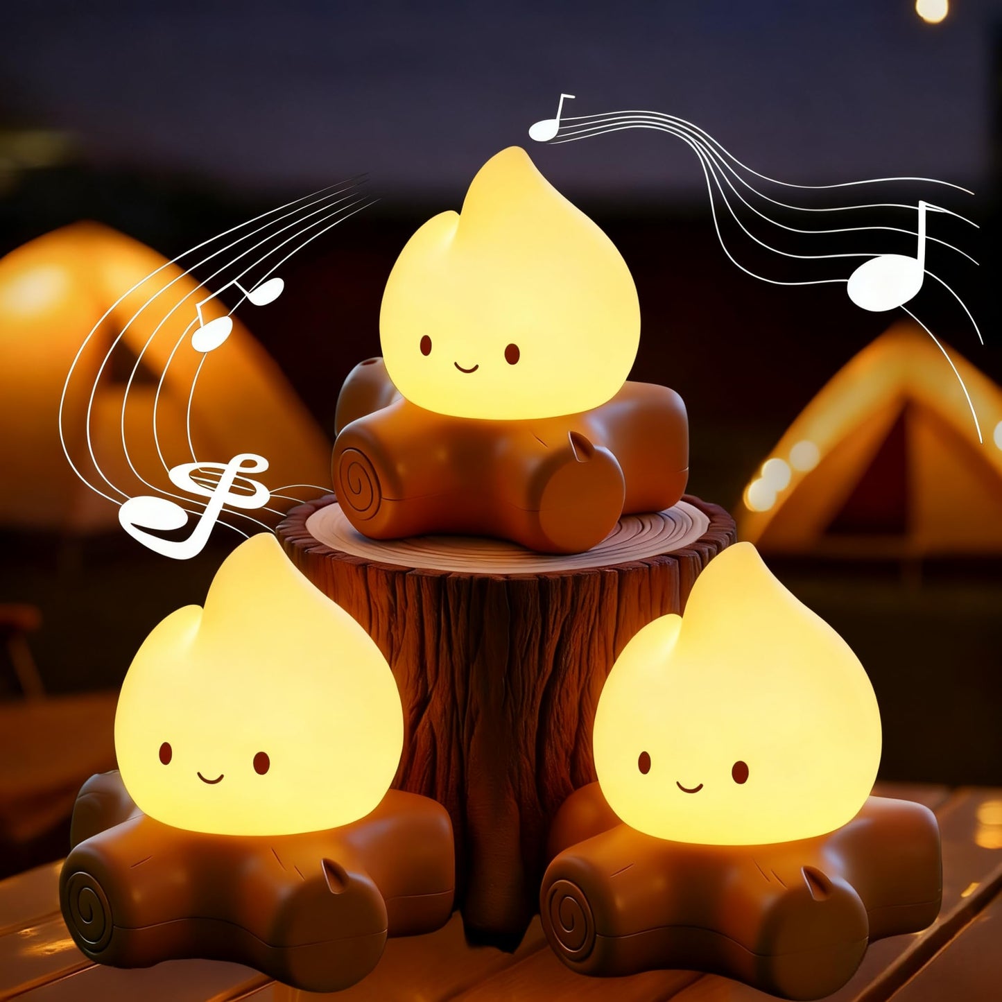 Tarinks 3 Pcs Campfire Night Light, Rechargeable Flame Lamp with 5 White Noise, Dimmable Flameless Candles Lights, Portable LED Ambiance Light for Camping Indoor Outdoor Holiday Decor Gifts
