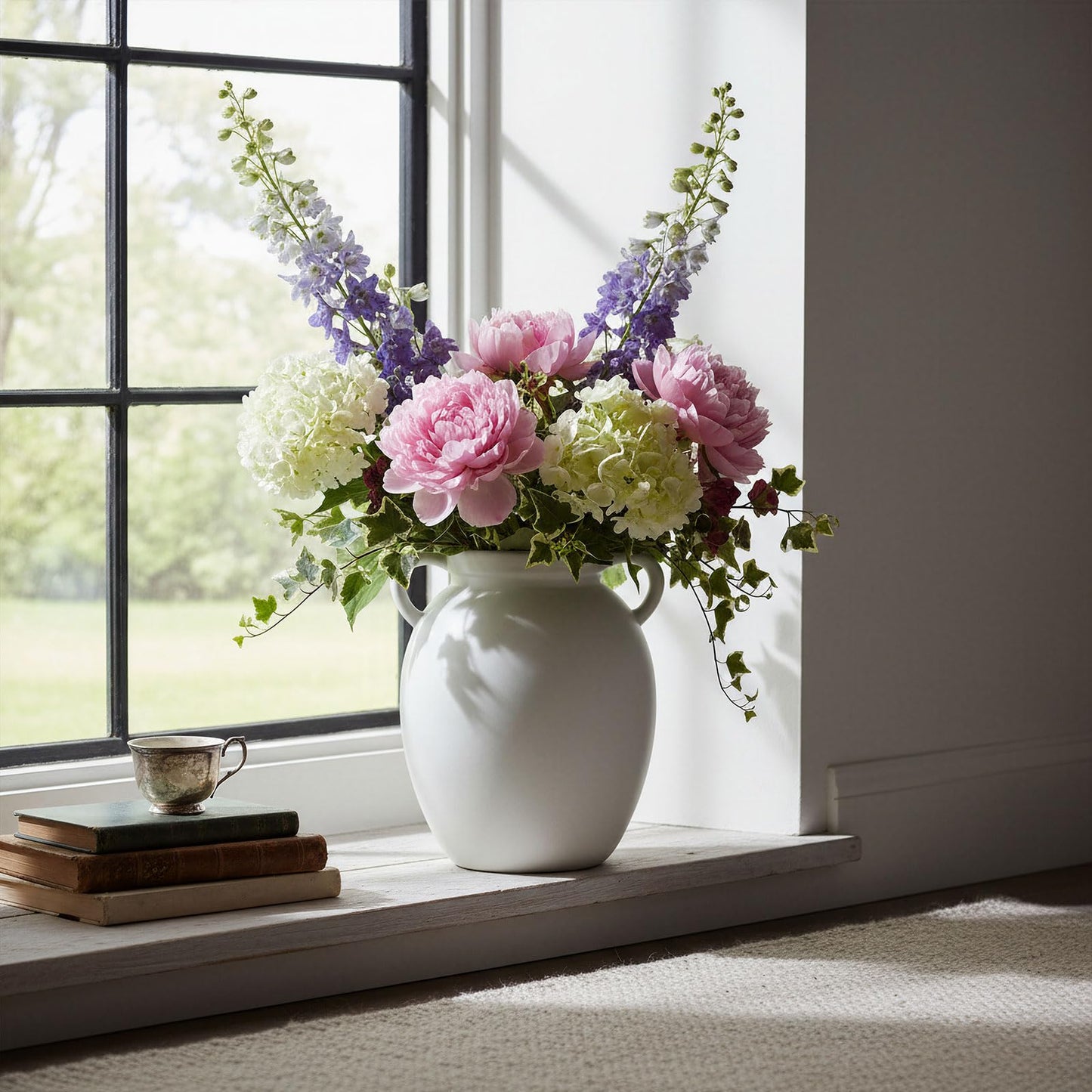 hjn Matte White Ceramic Jug Vase with Handles - Farmhouse Nordic Style Vase for Dried Fresh Flowers, Living Room Tabletop Home Decor (Pitcher-Shaped-8''dx9''h)