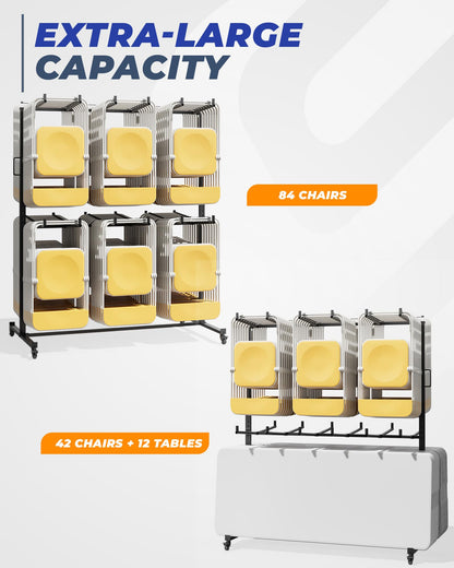 Folding Chair Rack, Holds 84 Chairs or 12 Tables, Easy to Assemble Folding Chair Cart on Wheels,Includes Dust Cover, Elastic Cords