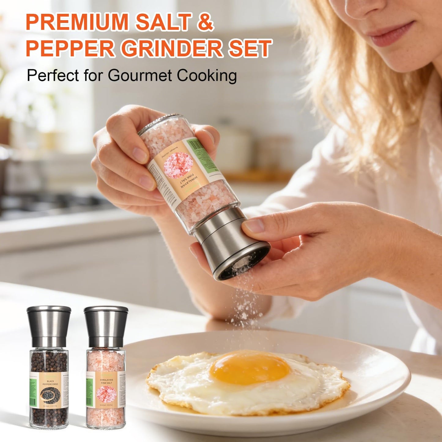 GoldenAnise Stainless Steel Salt and Pepper Grinder Set of 2 - Pre-filled with 3.5oz Black Peppercorns & 7oz Himalayan Pink Salt - Adjustable Ceramic Sea Salt & Pepper Mills, Glass Shakers for Kitchen