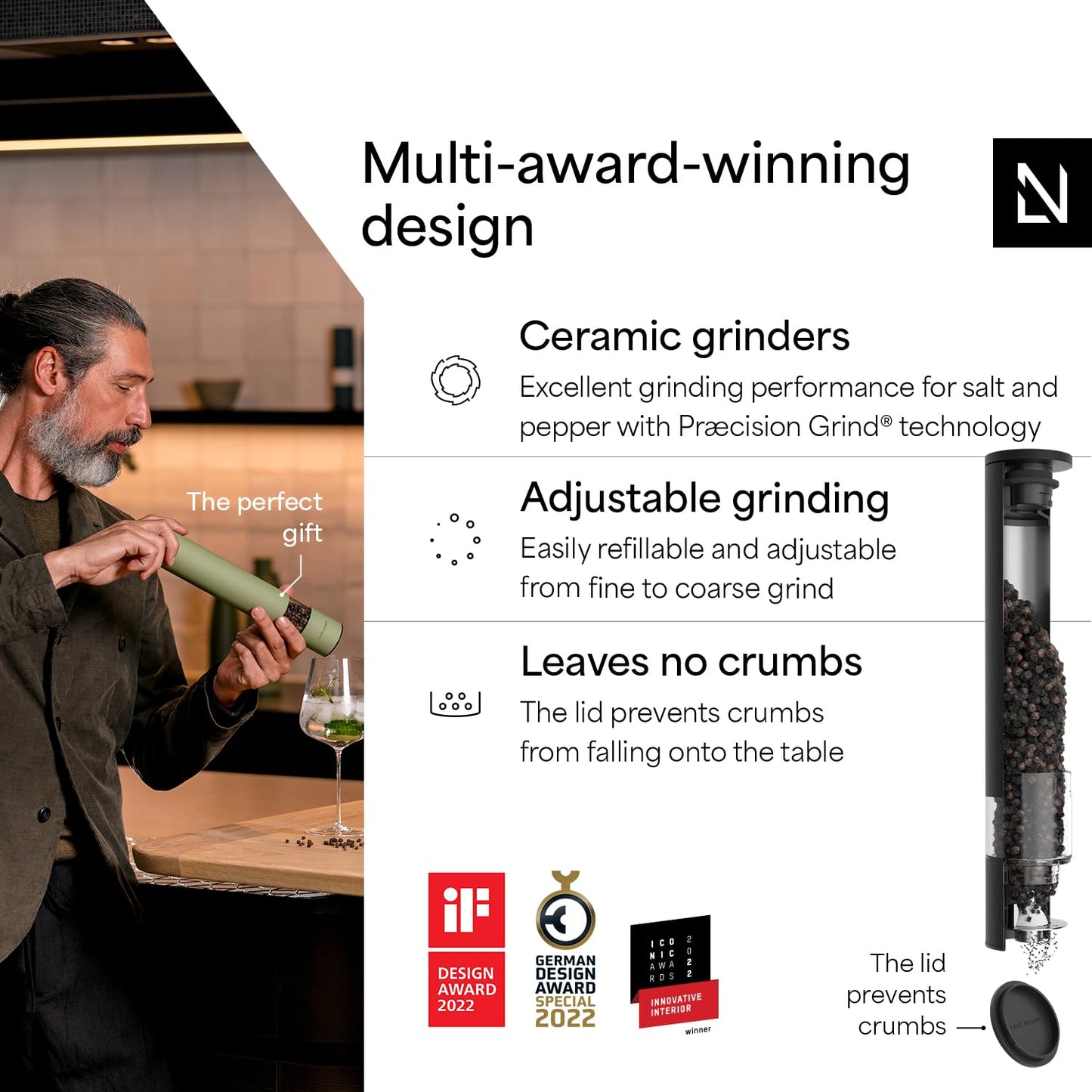 LARS NYSØM Salt Pepper Mill Manual with adjustable ceramic grinder from coarse to fine I Design Spice Mill (Carbon Black)