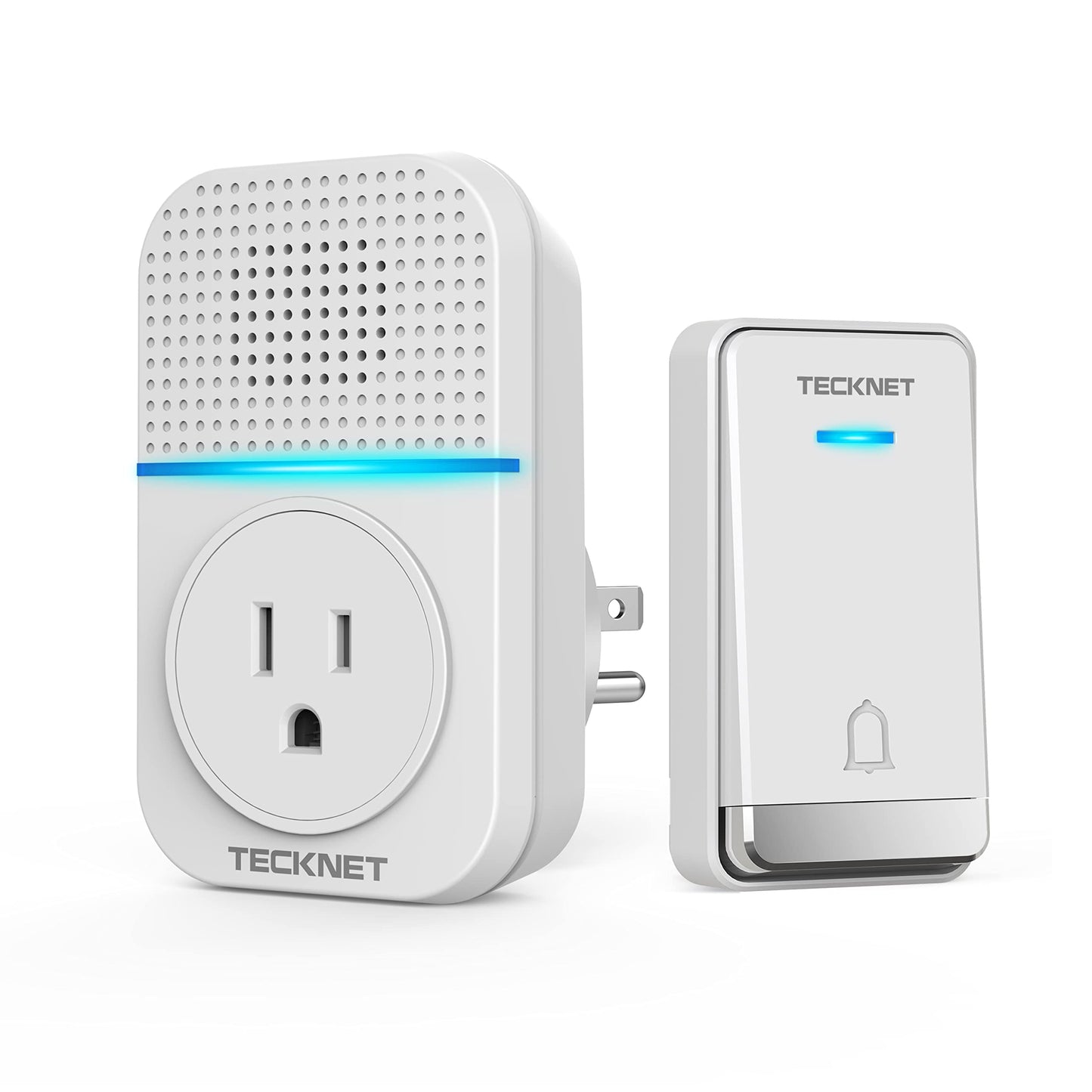 TECKNET Wireless Doorbell, Self-Powered Doorbell, 0-110db Plug-through Wireless Doorbell Ringer for Homes Classroom, IP66 Waterproof 1300ft Door Chime with Extra Socket, 60 Chimes, LED Light (White)