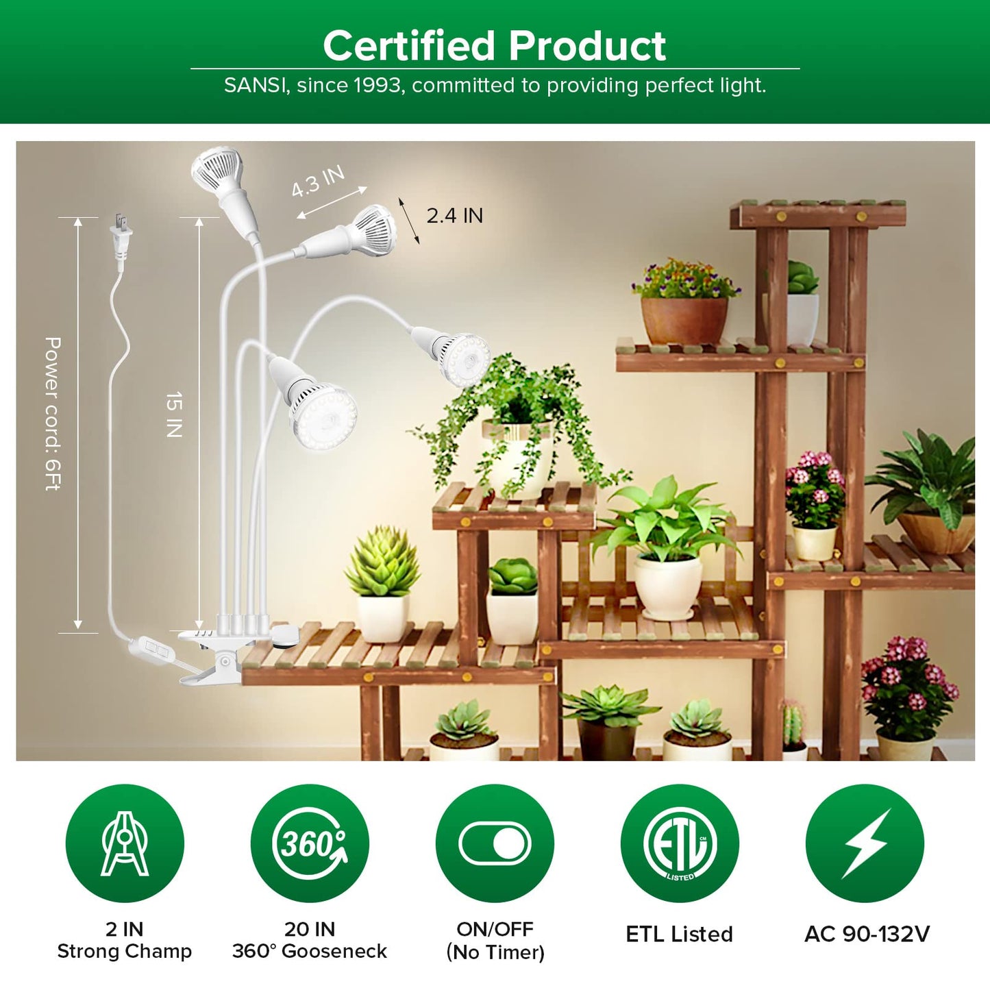 SANSI LED Grow Lights for Indoor Plants, 600W Full Spectrum Clip-on Gooseneck Grow Light with Ceramic Tech.,40W Plant Light for Indoor Growing High PPFD, Lifetime Free Bulb Replacement White, No Timer