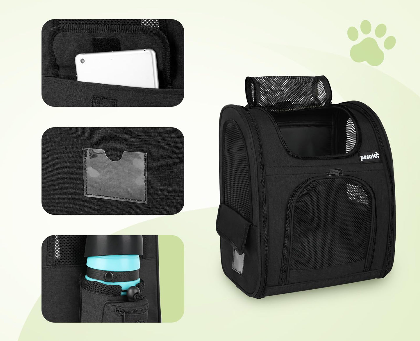 pecute Cat Carrier Dog Backpack, Portable Breathable Cat Backpack with Front Opening, Mesh Window and Pockets, Airy Space Great For Carrying Puppy Dogs Cats to Travel, Black