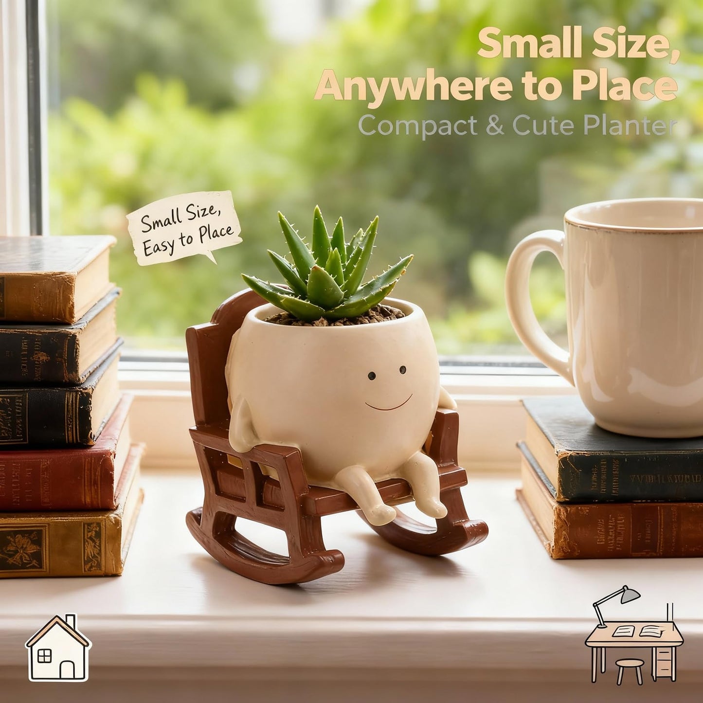 FURUBETA 4 Inch Rocking Chair Smiley Face Planter Pots with Drainage Hole, Resin Pot for Succulents, Cute Spring Indoor Outdoor Garden Decor, Unique for Plant Lovers