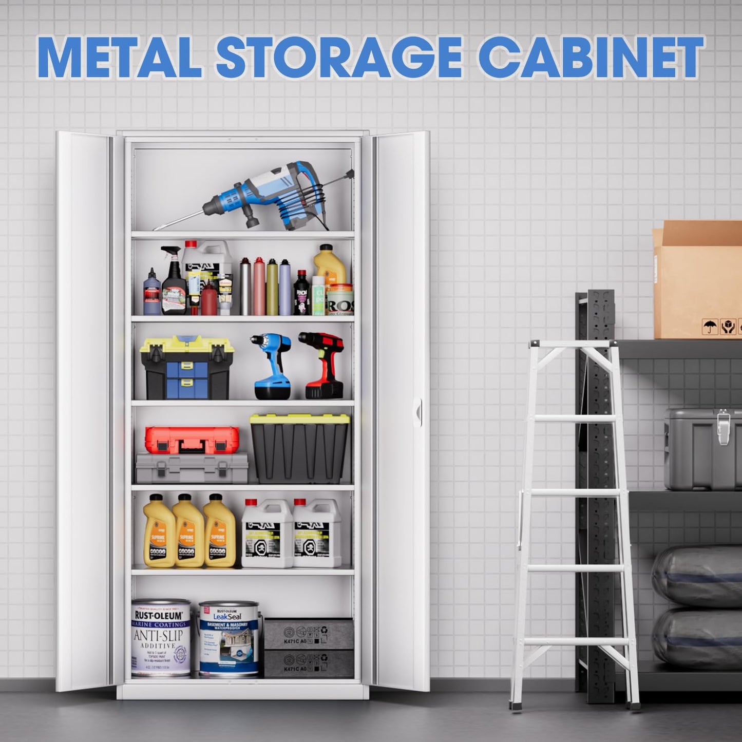 DNA Motoring 71'' Metal Storage Cabinet, Locking Tool Cabinet with 5 Adjustable Shelves, Heavy Duty Metal Locker for Garage,Office,Home,Gym,White, TOOLS-00632-WH-WH-A