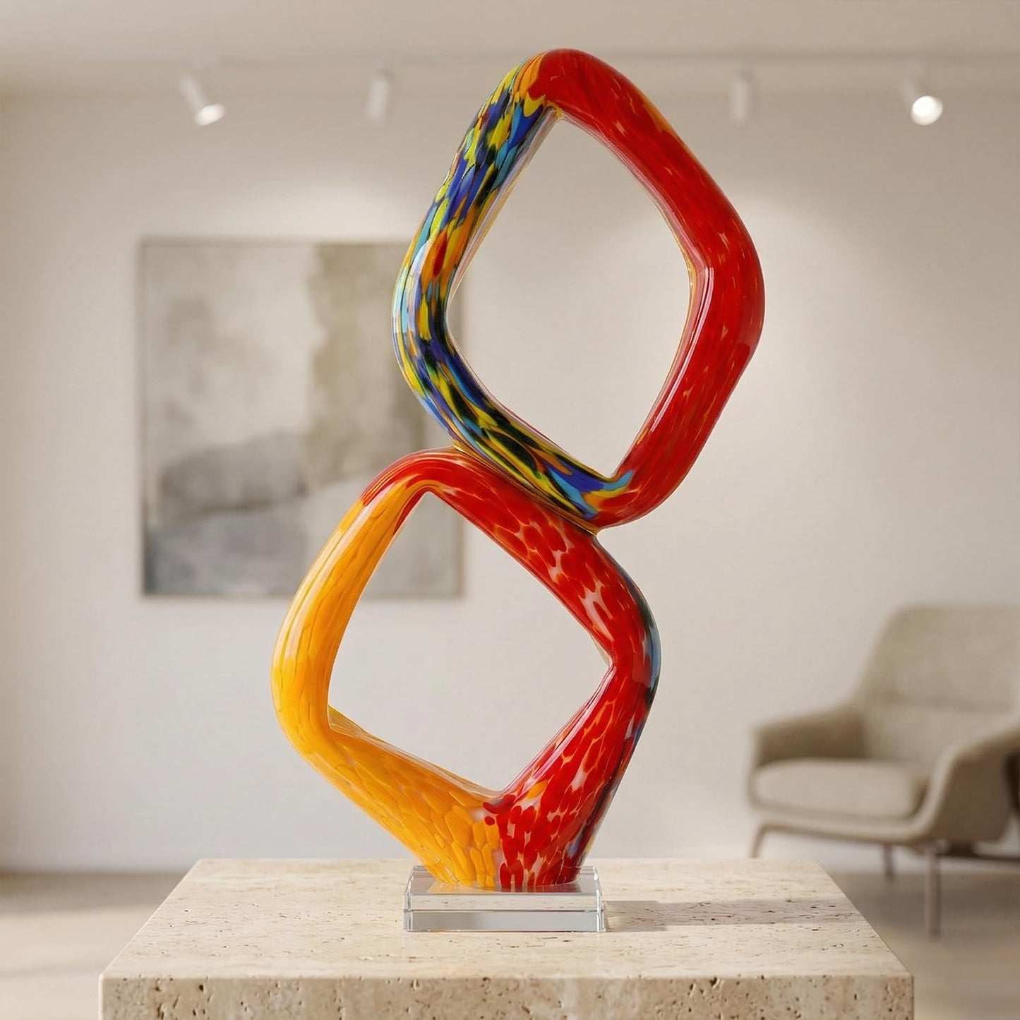 LCCCK 17.7in Tall Abstract Orange Glass Sculpture Large Hand Blown Glass Figurine Handblown Statue for Home Decor Living Room Shelf Mantel Tabletop Display Modern Art Accent Piece