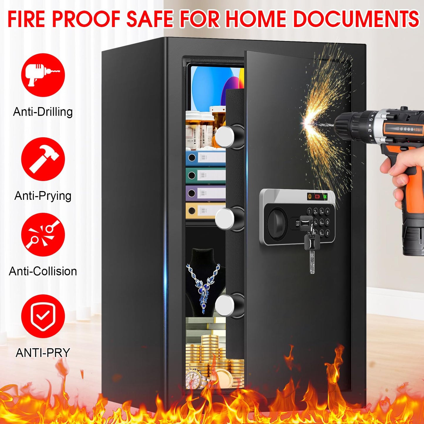 3.4 Cuft Large Home Safes Water and Fireproof, Personal Safe Box Fireproof Waterproof with Digital Keypad, Removable Shelves and Alarm System, Anti-theft Fire Proof Safe for Home Documents