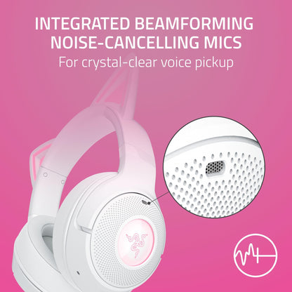 Razer Kraken Kitty V2 BT Wireless RGB Headset: Chroma RGB Kitty Ears & Earcups - Bluetooth 5.2-40 mm Drivers - Noise-Cancelling Mics - Lightweight - 40 Hr Battery w/Type C Charging - White