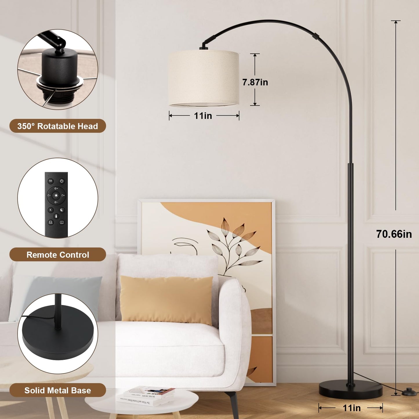 Ambimall 70 Dimmable Arc Floor Lamp with Remote, Color Temperatures and Brightness Adjustable, Arched Floor Lamp with Rotating Head, Over Couch Arched Light for Living Room (Deep Beige and Black)