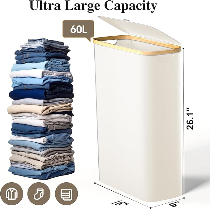 Slim Laundry Hamper, 60L Waterproof Narrow Laundry Basket