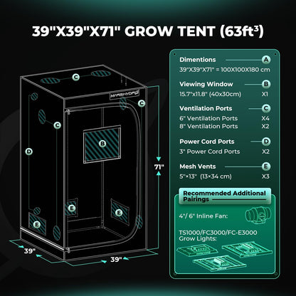 MARS HYDRO 3.3x3.3 Advanced Grow Tent, 39"x39"x71" High Reflective Mylar 1680D for Hydroponics Indoor Plant Growing, with Observation Window,Floor Tray and Smooth Zipper for TS1000/FC3000/FC-E3000
