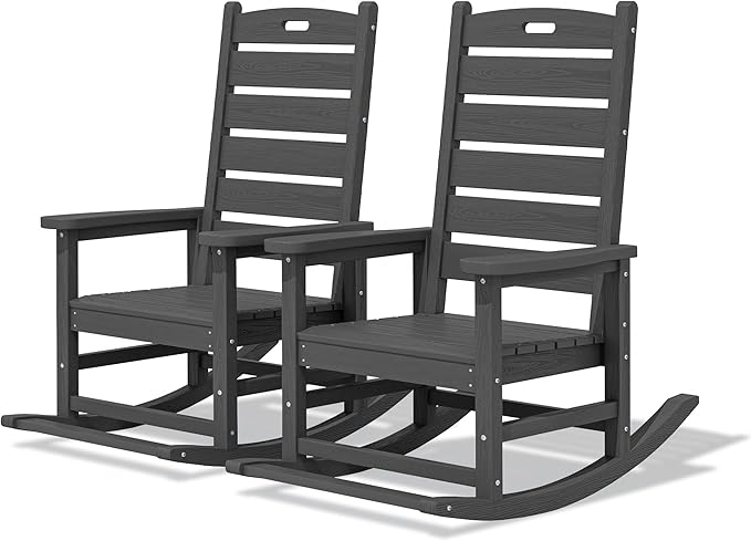 SERWALL Outdoor Rocking Chair Set of 2, Oversized Rocking Chair with Footboard for Adults, HDPE All Weather Resistant Rocking Chairs for Patio, 350lbs Weight Capacity, Gray