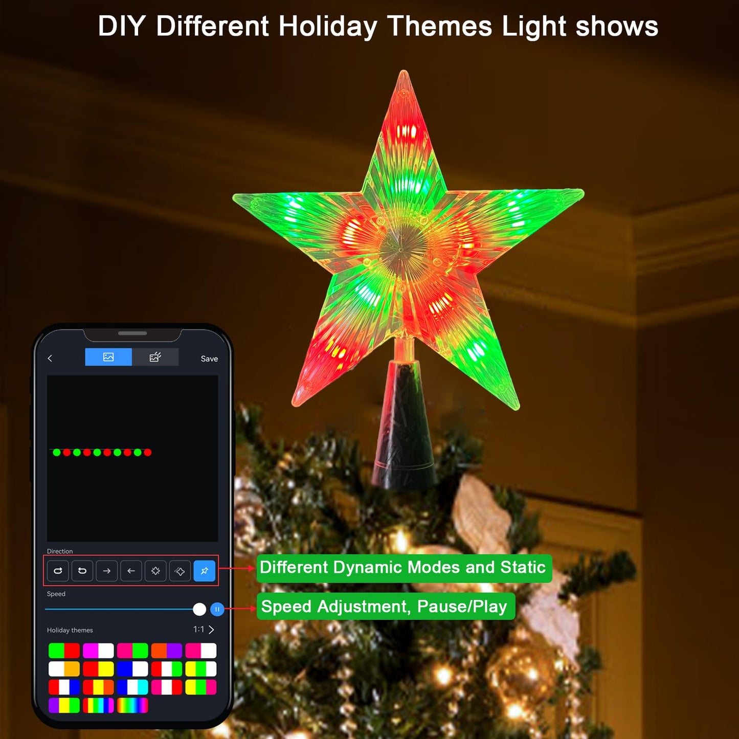7.6" Christmas Tree Topper Star, RGB LED Lighted Star Tree Top w/Remote Control&APP, Scene Mode, DIY, Dimmable, Timer, Multicolour Lighted Treetop for Xmas Trees Holiday Party Gift Decorations