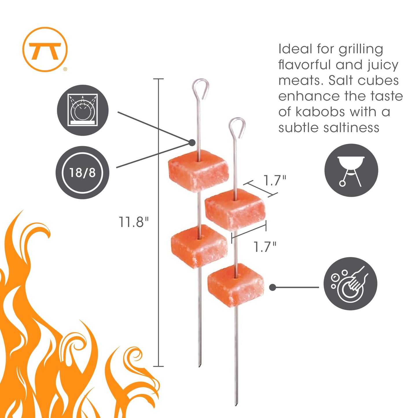 Outset Grill Skewers, Stainless Steel BBQ Skewers With Pink Himalayan Salt Cubes, 2 Skewers and 4 Cubes For Kabobs