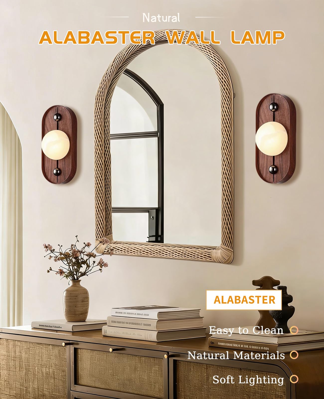 ALABABATA Natural Marble Wall Sconce, 10.5" High Alabaster Wall Sconces with White Stone Lampshade and Wood Grain Metal Base, Mid Century Modern Wall Lights Fixture for Bedroom Living Room Hallway