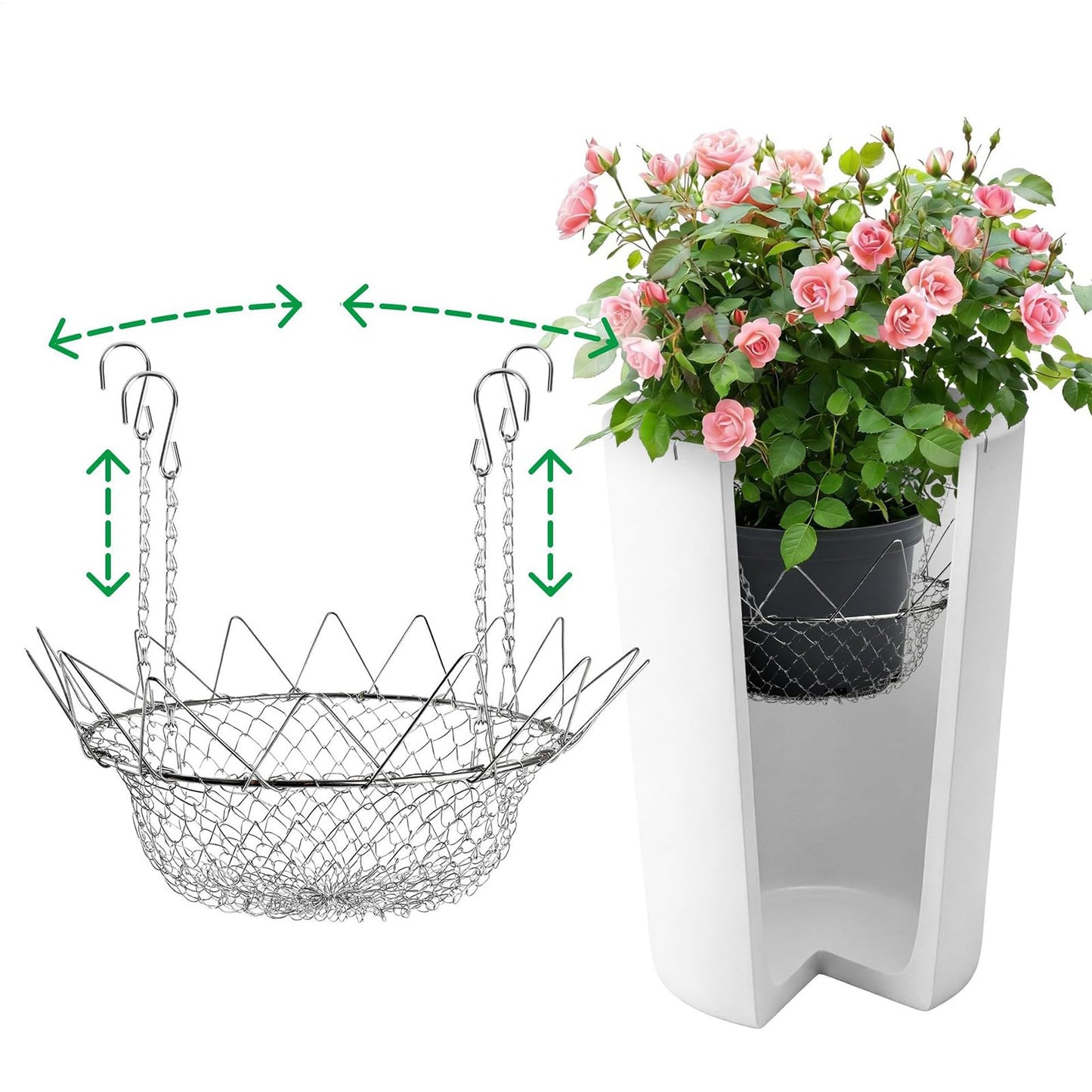 Adjustable Planter Insert, Heavy-Duty Rustproof Stainless Steel Plant Pot with Chains, Adjustable Planter Fillers + Durable Design + Outdoor, Indoor, Flower, Potted, Home Gardening Silver