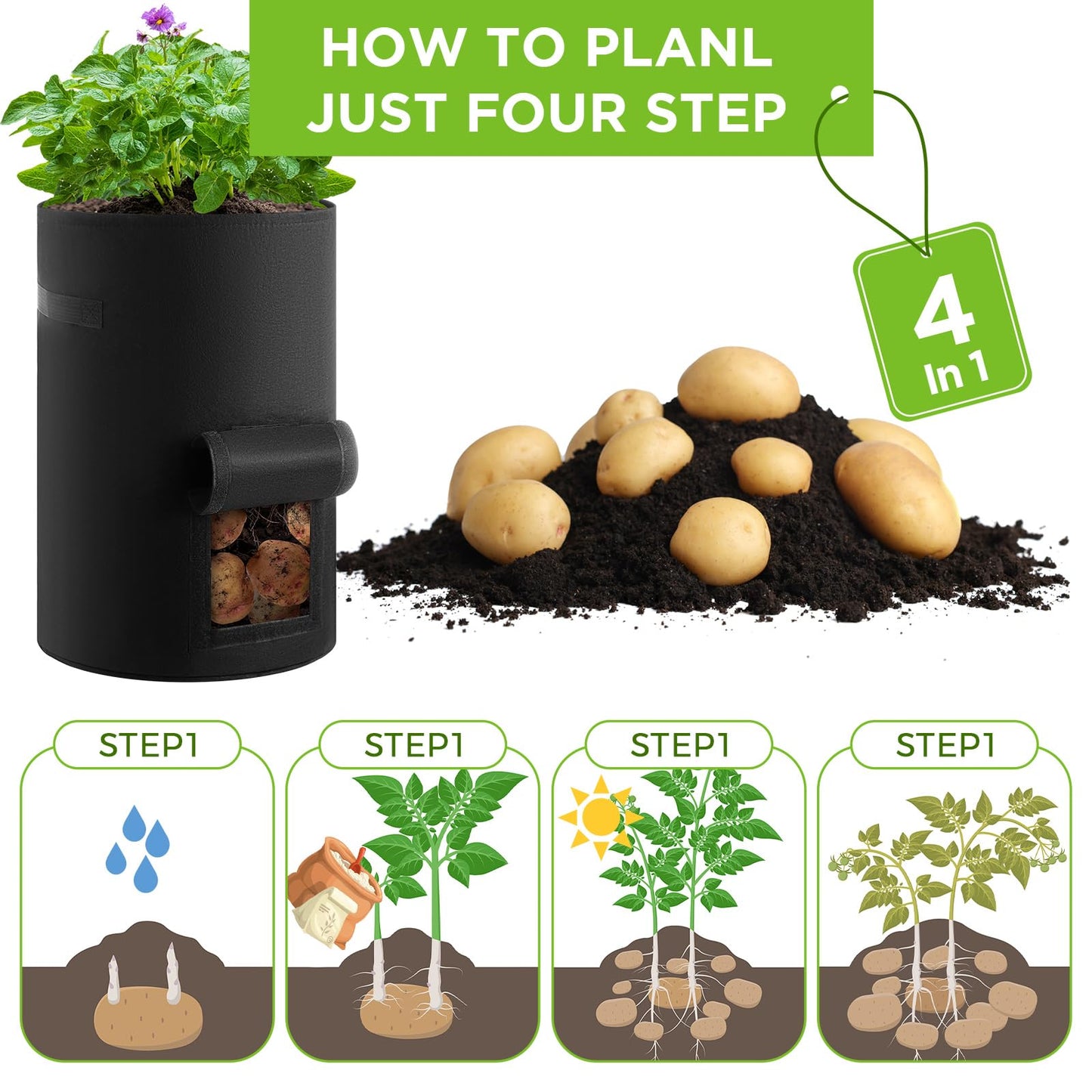 Yoojahow 2 Pack 30 Gallon Potato Grow Bags with Harvest Window, Durable Garden Planter Bags with Handles for Potatoes, Tomatoes, and Vegetables - Indoor & Outdoor Gardening Supplies (Black)