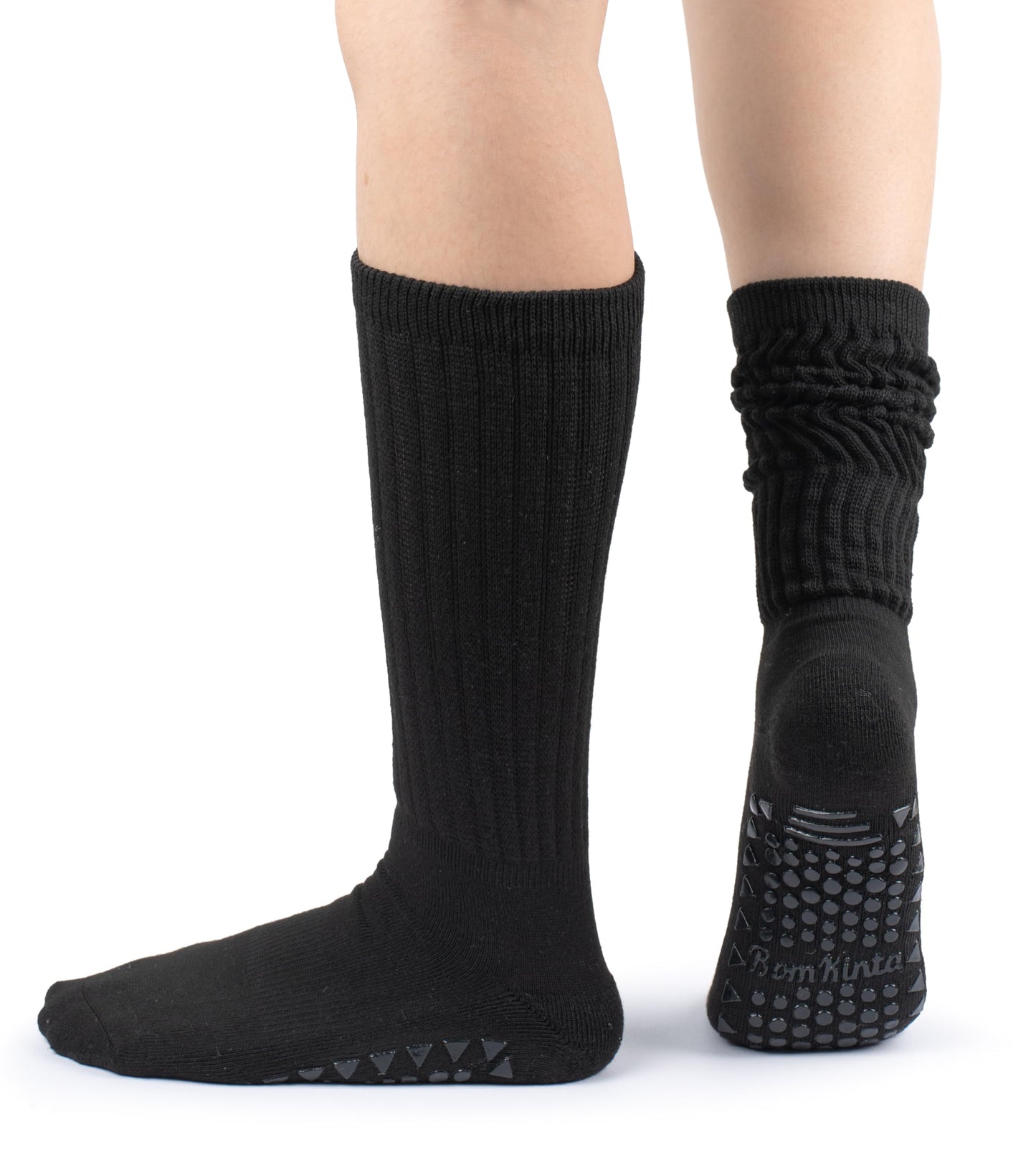 BomKinta Pilates Socks with Grips for Women Yoga Grippy Slouch Scrunch Sock Slipper Socks for Barre Workout Hospital Gifts Size 5-11 3 Pairs Black White Grey