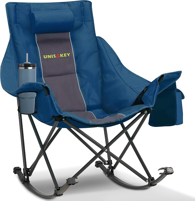 Oversized Rocking Camping Chair with Headrest & Cup Holder - 400lbs Capacity, 600D Oxford Fabric, Easy Fold Portable Outdoor Rocker Chair for Camping, Backyard, Beach, Blue