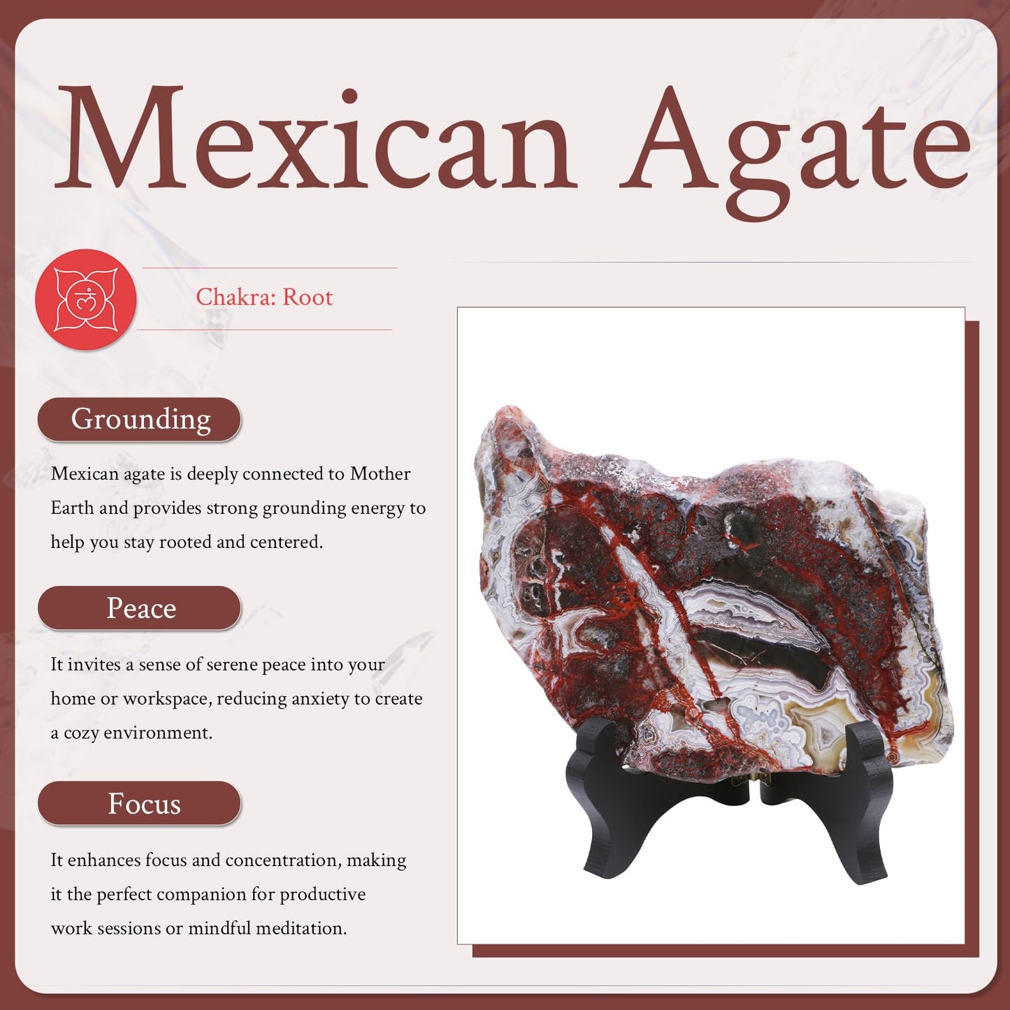 Sportmusies Natural Mexican Agate Slice with Wooden Stand, Irregular-Shaped Polished Crystal Slab Decoration for Home Office, 1.15-1.37 lb