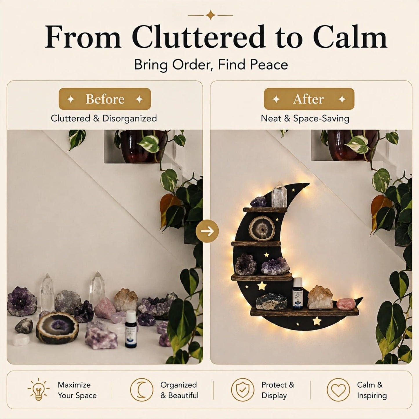 HBSGS Crystal Display Shelf with LED Light, Crescent Moon Wall Shelf for Crystals, Gothic Witchy Room Decor, Wooden Shelf for Essential Oils, Trinkets & Gifts(Moon-38.5 * 36.5cm/15 * 14.4inch)