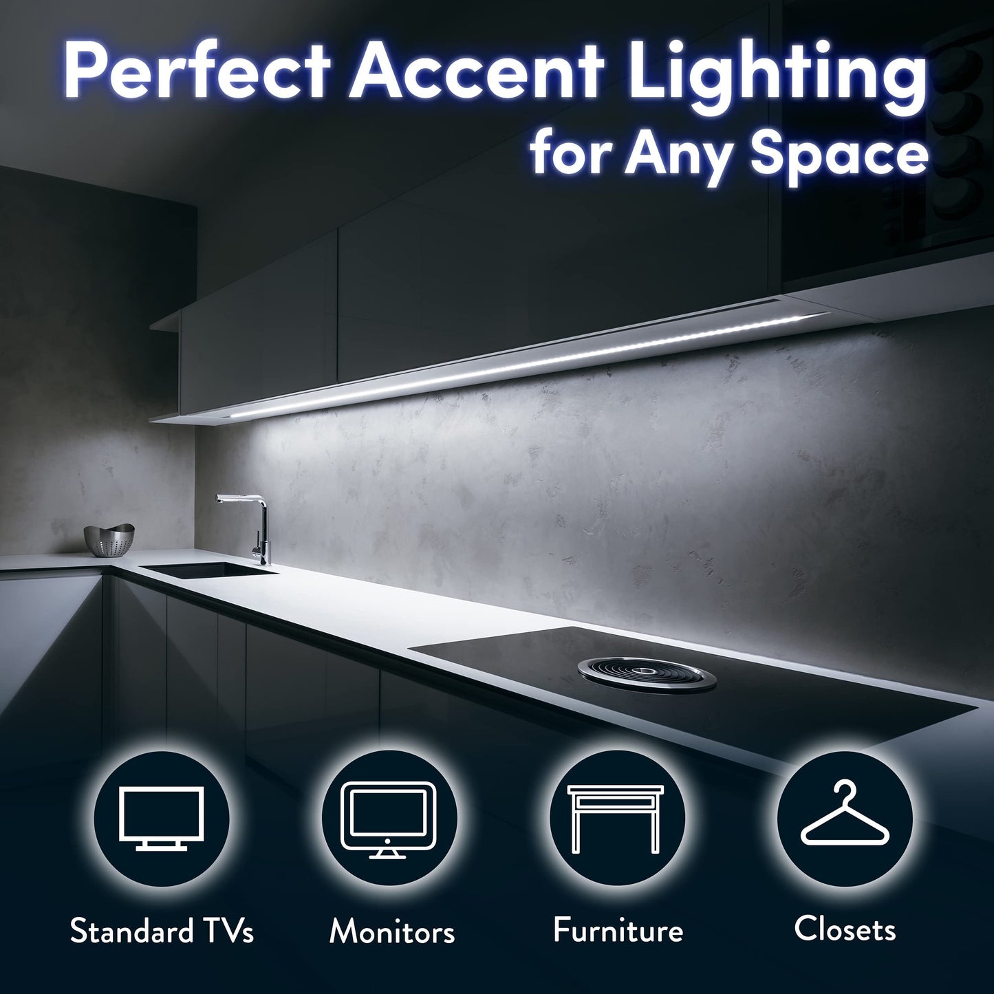 Power Practical USB Bias Lighting, LED TV Backlight Strip, Ambient Home Theater Light, TV Accent Lighting to Reduce Eye Strain, Improve Contrast, White, X-Large (41"-59" TV)