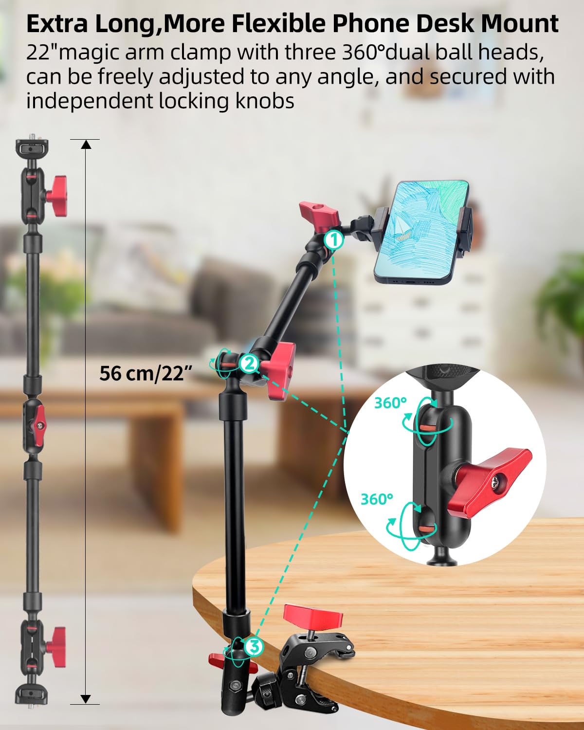 JEBUTU 22" Magic Arm w Clamp Mount, Overhead Desk Phone Mount Stand, Adjustable Articulating Friction Camera Boom Arm w 1/4" Thread for Phone Video Light Webcam Action Camera Tripod Mic