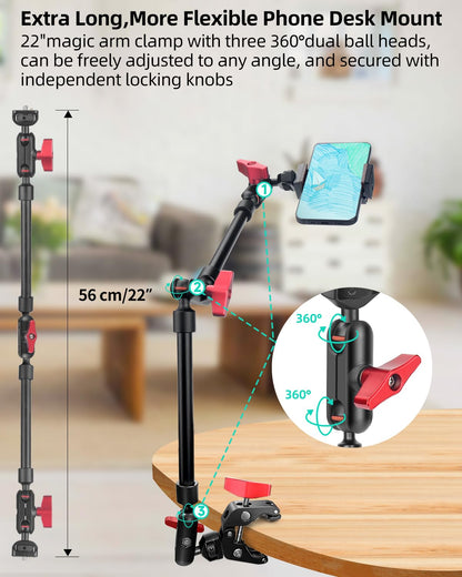 JEBUTU 22" Magic Arm w Clamp Mount, Overhead Desk Phone Mount Stand, Adjustable Articulating Friction Camera Boom Arm w 1/4" Thread for Phone Video Light Webcam Action Camera Tripod Mic