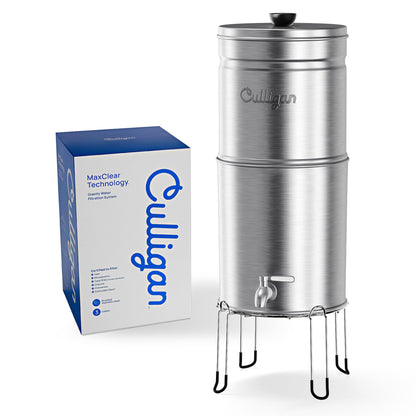 Culligan MaxClear 3 Gallon Gravity Water Filter System Removes Microplastics, PFAS & Lead, NSF/ANSI Certified, Brushed Stainless-Steel Countertop Filter with 1 Ceramic Filter