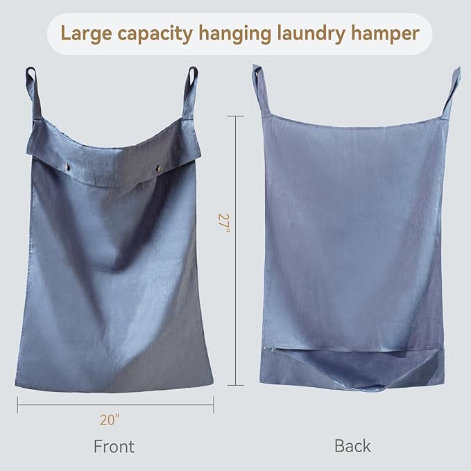 100% Linen Hanging Laundry Hamper Bag 20x27 Inch, Over the Door