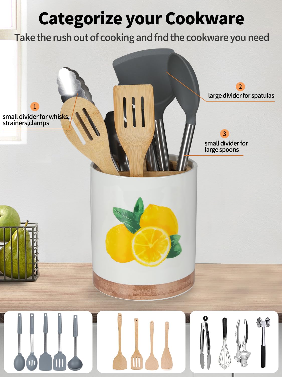 HAPPY KIT 7.6″ Extra Large Kitchen Utensil Holder Porcelain 360° Rotating Utensil Holder for Kitchen Counter with 3 Removable Compartment, Housewarming Gift & Farmhouse Decor (Lemon)
