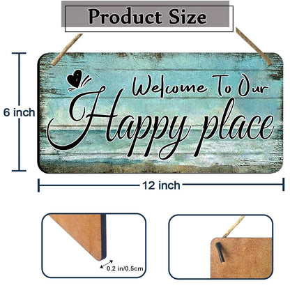 Welcome To Our Happy Place Sign Personalized Front Door Signs For Home Decor Wooden Hanging Sign Beach Signs Patio Wall Decor Summer Wood Porch Sign House Welcome Door Sign 6x12 Inch