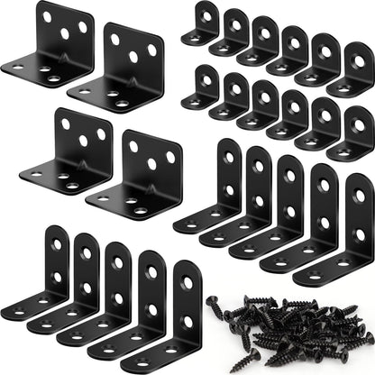 26 Pack L Bracket Corner Brace Kit, 3 Sizes Stainless Steel L Brackets for Wood Shelves, 90 Degree Right Angle Bracket, Black Metal Corner Brackets for Furniture Cabinet Drawer Chair (with 88 Screws)