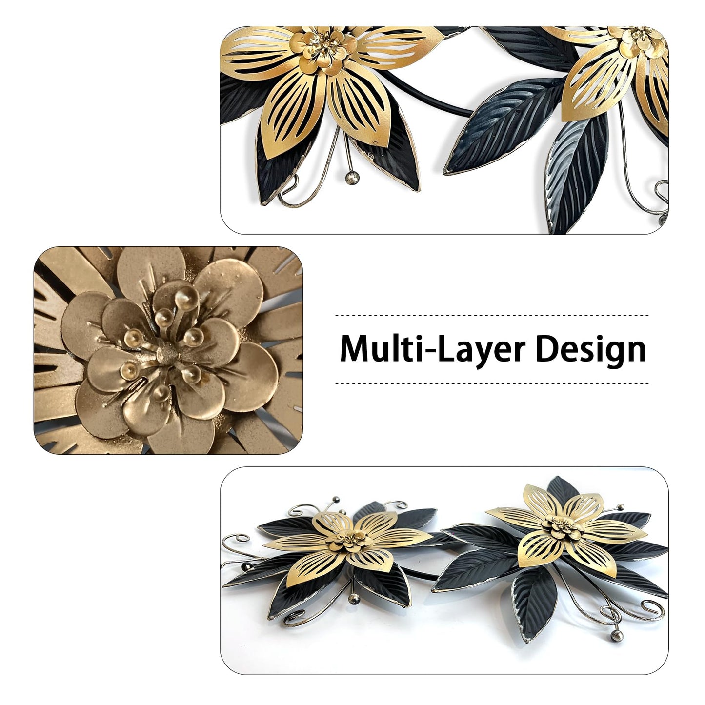 LIFFY Black Wall Decor,15" 3D Multi-layer Metal Flowers Wall Decor, Rustic Modern Floral Sculpture for Indoor Kitchen Bedroom Living Room Office Outdoor Garden Patio