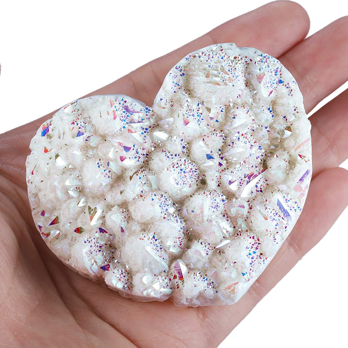 Rockcloud Titanium Coated AB Crystal Cluster Druzy Geode Heart Shape Gemstone Figurine for Meditation Reiki Healing Home Decoration, White