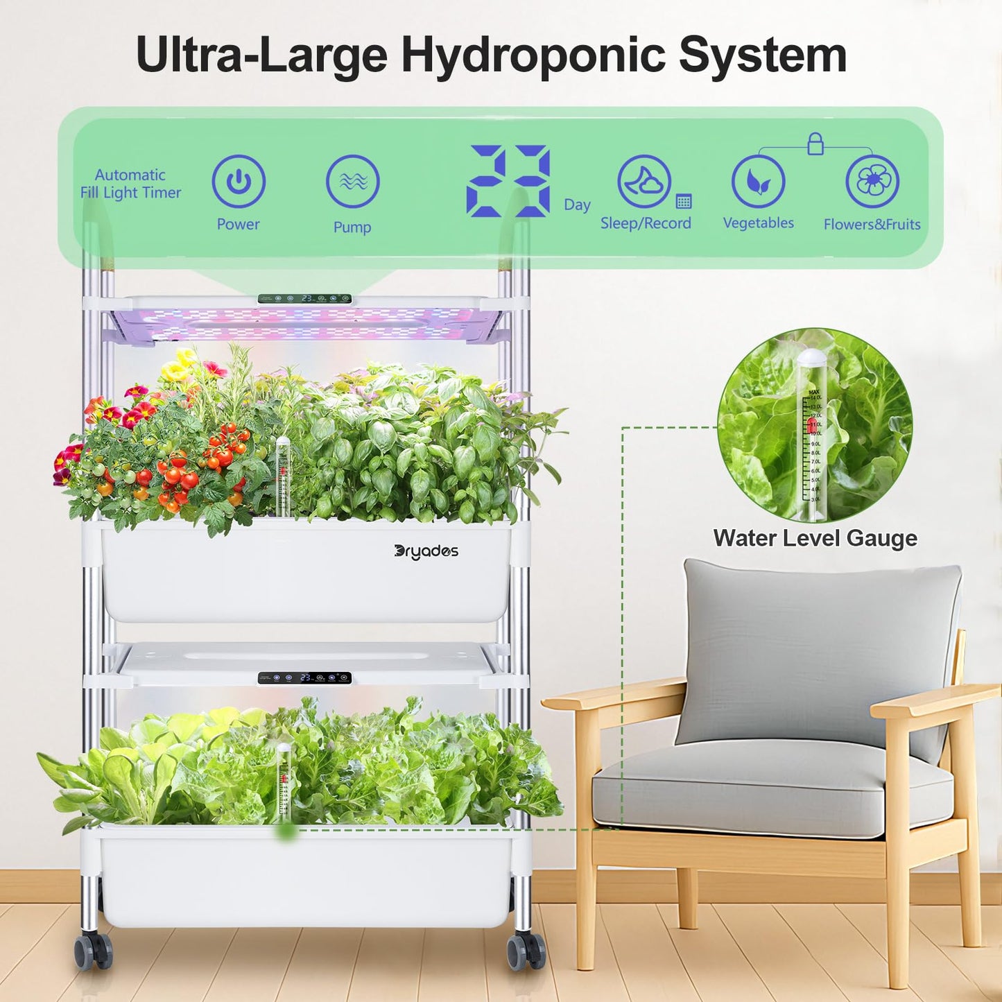 Indoor Hydroponic Growing System with 54 Pods Herbs Garden Kit with 30W Led Grow Light Large Movable 2-Layer Floor-Standing Hydroponic Gardening System for Vegetable Fruit
