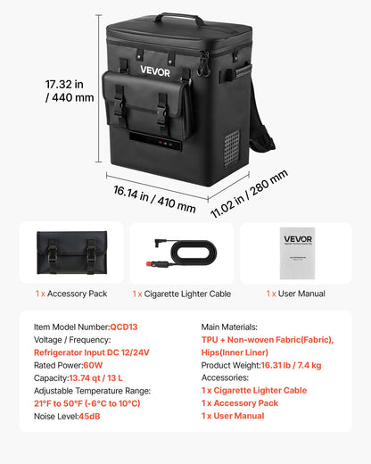 VEVOR 12 Volt Refrigerator, 13.7 QT/ 13L Car Fridge, Portable Electric Freezer Compressor, 12V/24V DC, 21℉ to 50℉/ -6℃ to 10℃, for Truck Van RV SUV Boat Travel Camping Road Trips