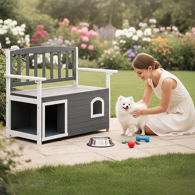 VINGLI Outdoor Storage Bench with Built-in Dog House, 2-in-1 Outdoor Waterproof Patio Bench with Pet Kennel for Patio Backyard Porch (Gray)