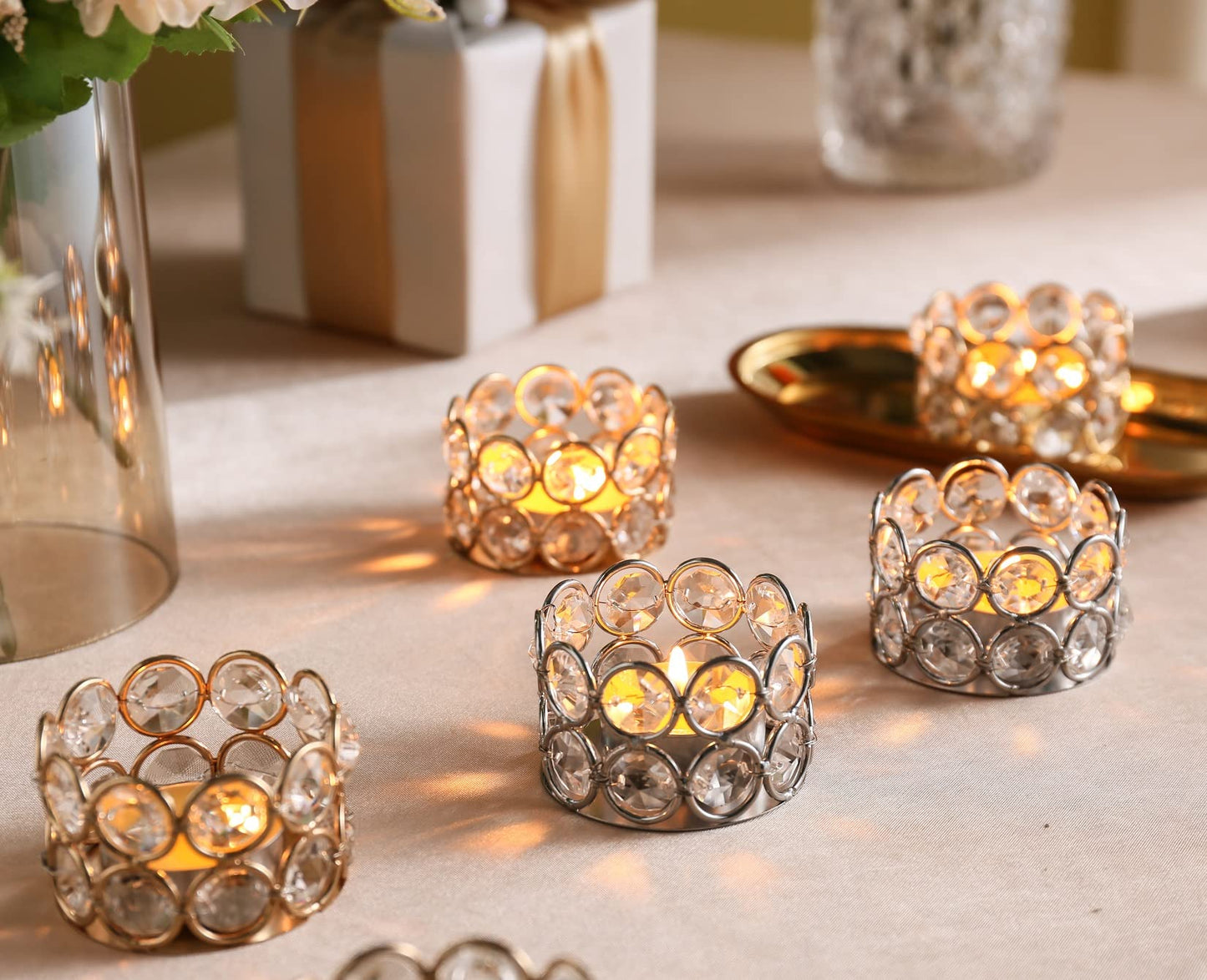 Pack of 20 Silver Crystal Tealight Candleholders - Candlestick Bowls Tea Lamp Candle Holders, Votive Candlestick Holders for Table Centerpieces, Diwali Decorations for Wedding Holiday Party Home Decor